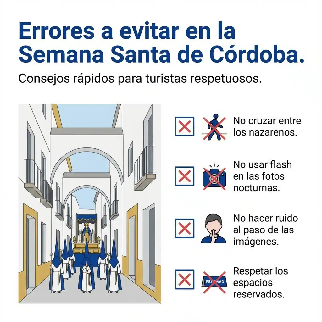 Checklist visual con errores frecuentes que los turistas deben evitar en la Semana Santa de Córdoba