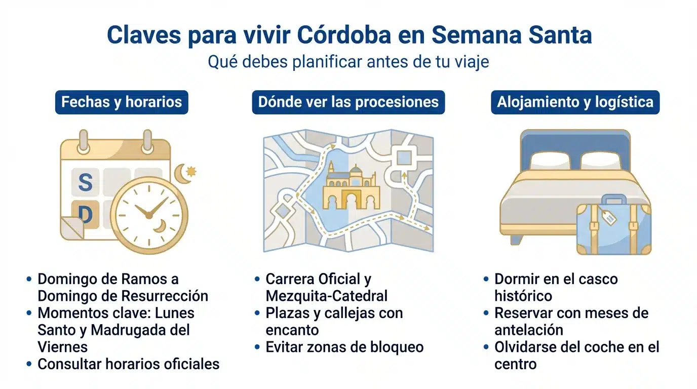 Diagrama con las claves principales para organizar un viaje a Córdoba en Semana Santa