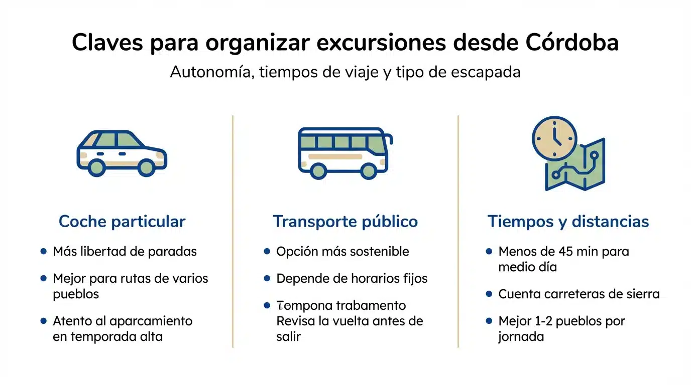 Infografía con claves para organizar excursiones de un día desde Córdoba en coche o transporte público