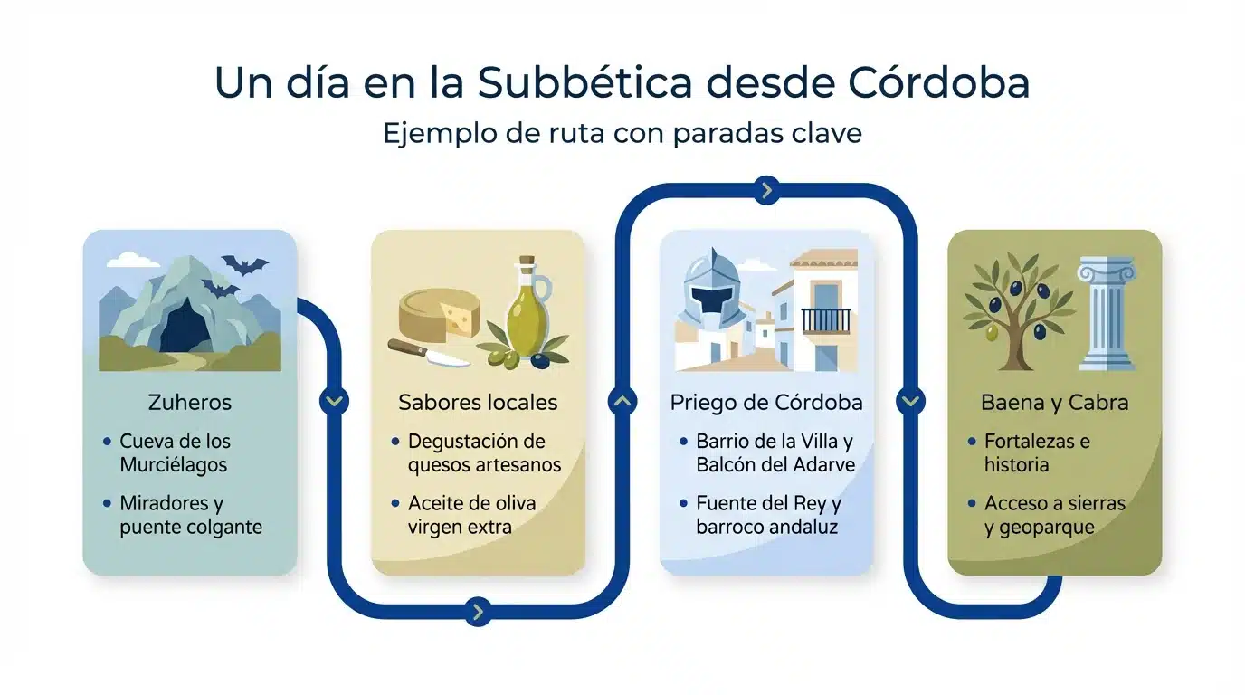 Infografía con una propuesta de ruta de un día por la Subbética cordobesa desde Córdoba