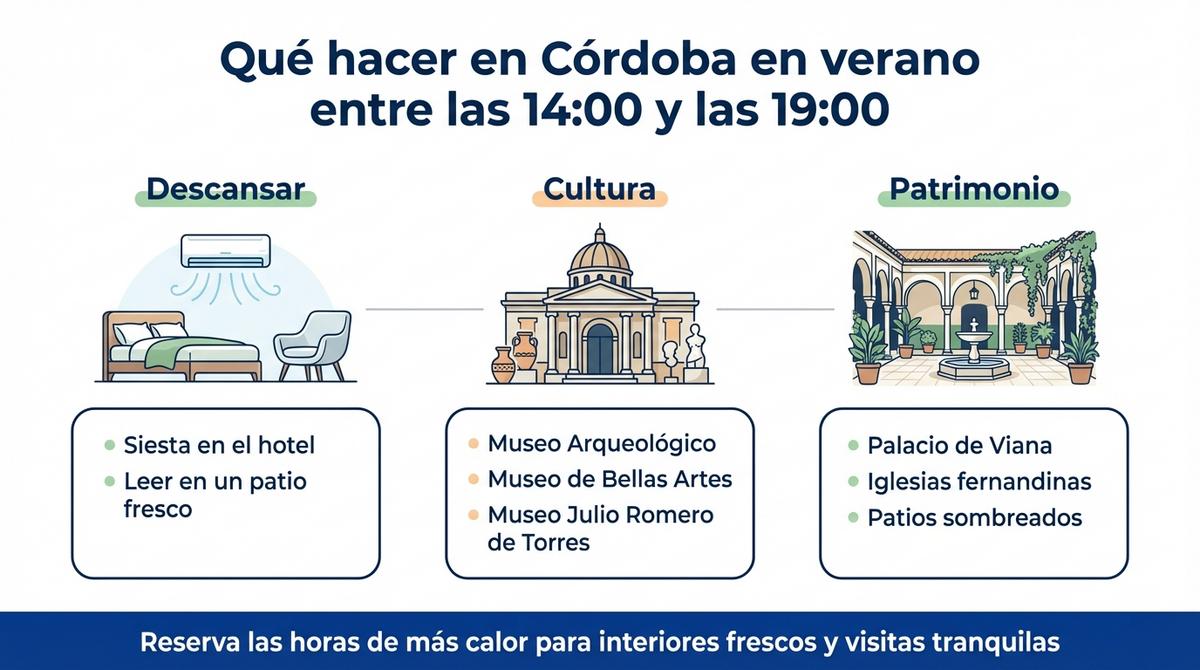 Diagrama con opciones de descanso, cultura y patrimonio para las horas de más calor en Córdoba