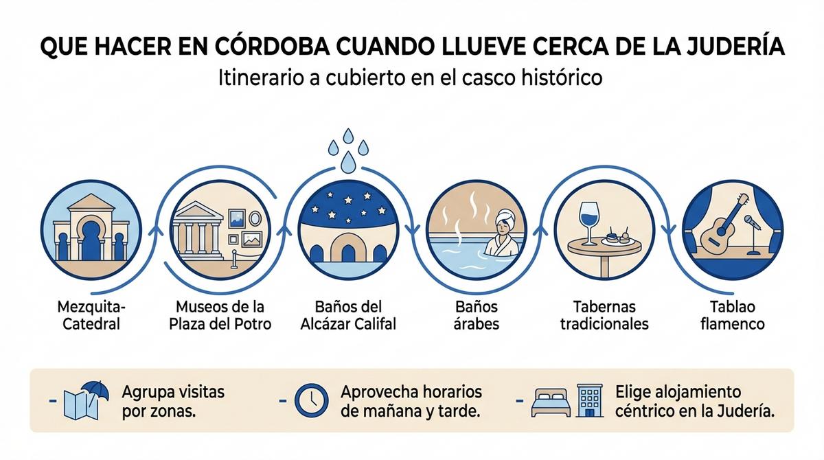 Diagrama con un itinerario de planes en Córdoba para días de lluvia alrededor de la Judería.