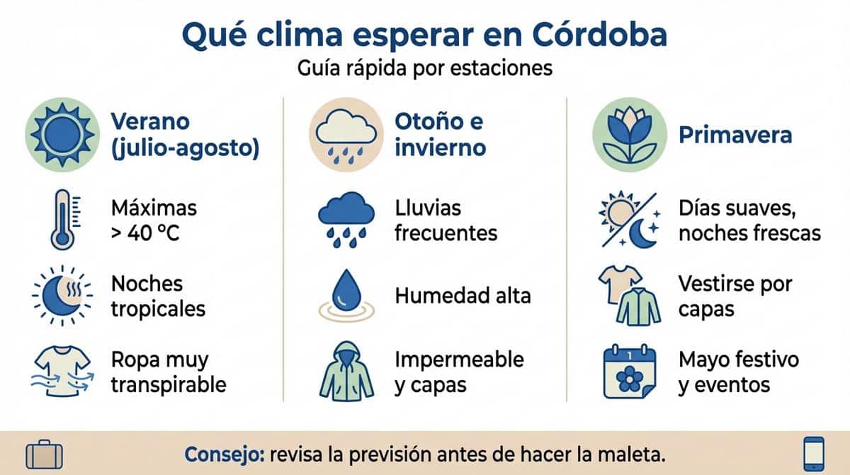 Diagrama en forma de tabla con tejidos y prendas recomendadas para verano, invierno y entretiempo en Córdoba.