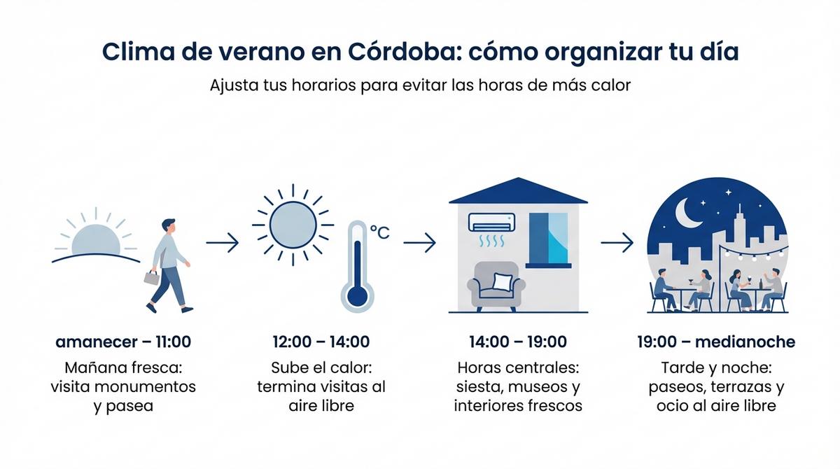 Infografía con la organización ideal de un día de verano en Córdoba según las franjas horarias y el calor