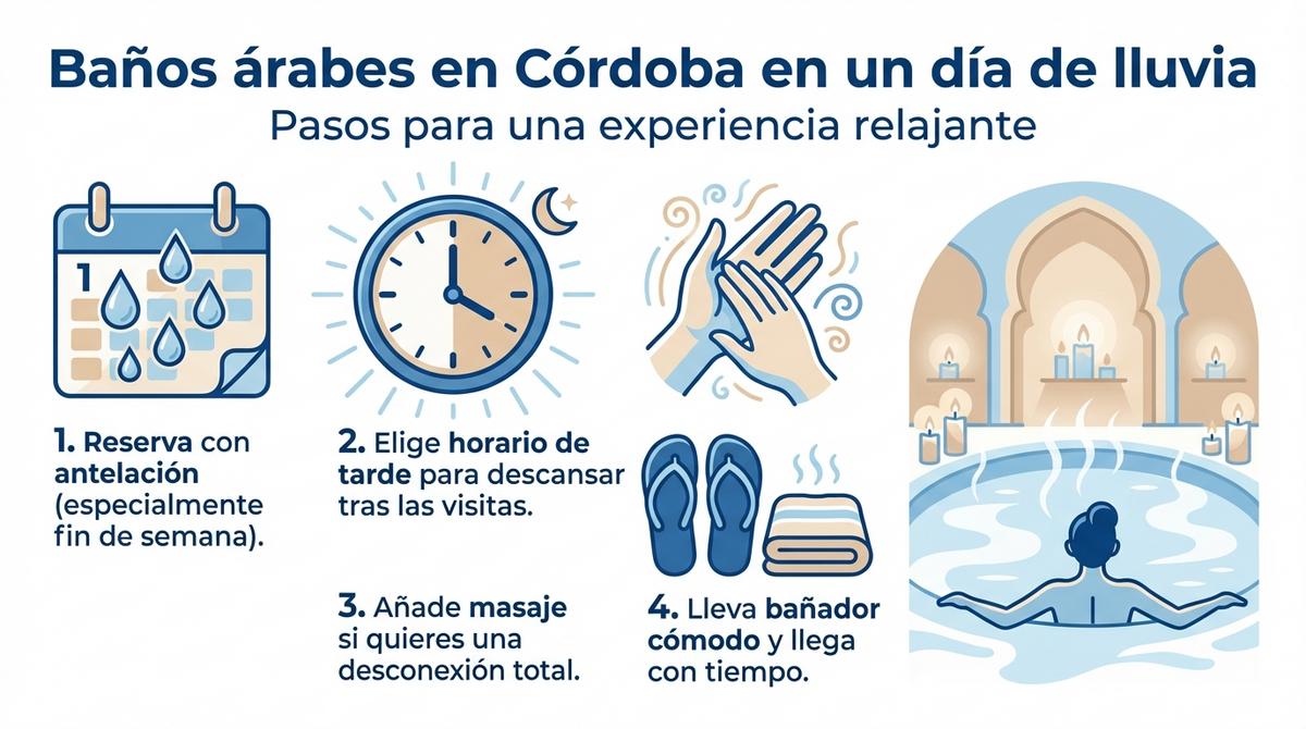 Infografía con pasos clave para organizar una visita a los baños árabes de Córdoba en un día de lluvia.