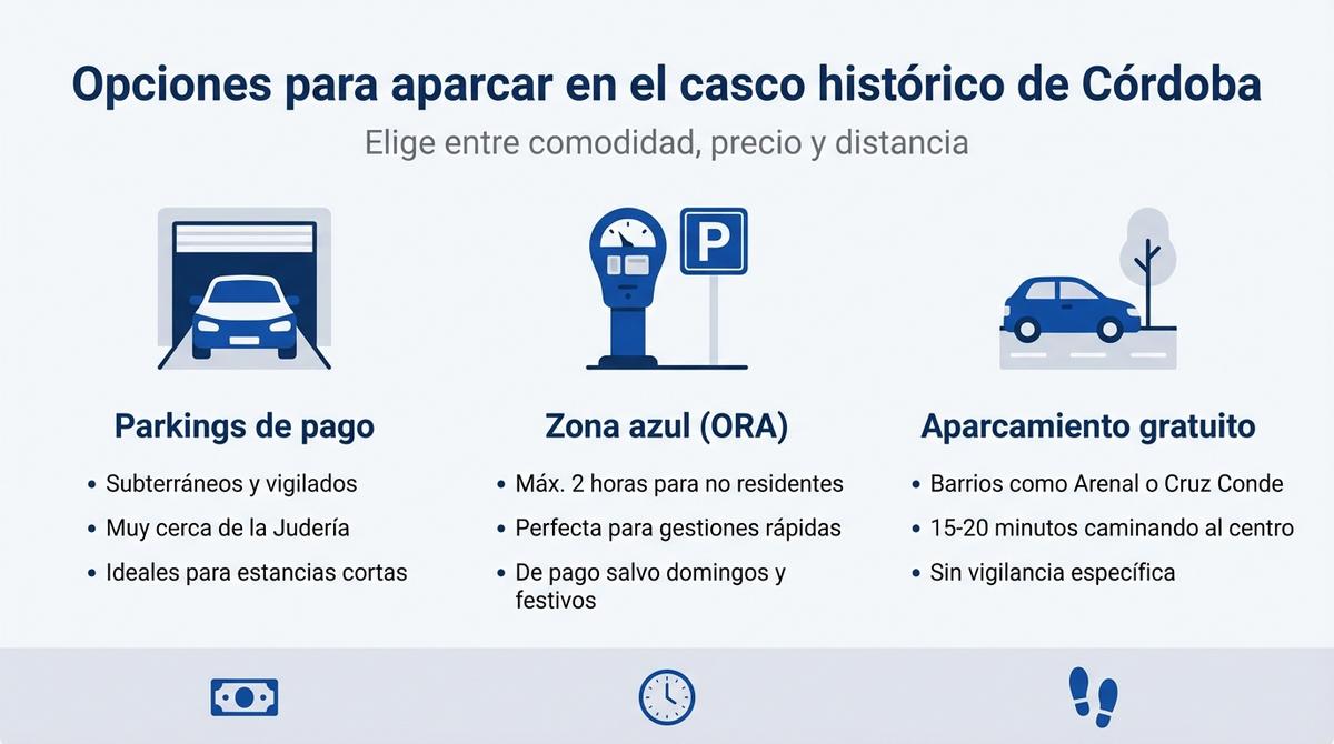 Infografía con tres columnas que resumen parkings de pago, zona azul y aparcamiento gratuito cerca del casco histórico de Córdoba
