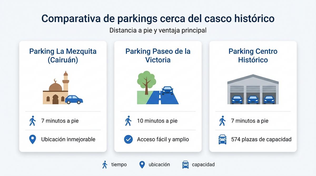 Infografía que compara tres parkings principales cerca del casco histórico de Córdoba con su distancia a pie y principal ventaja