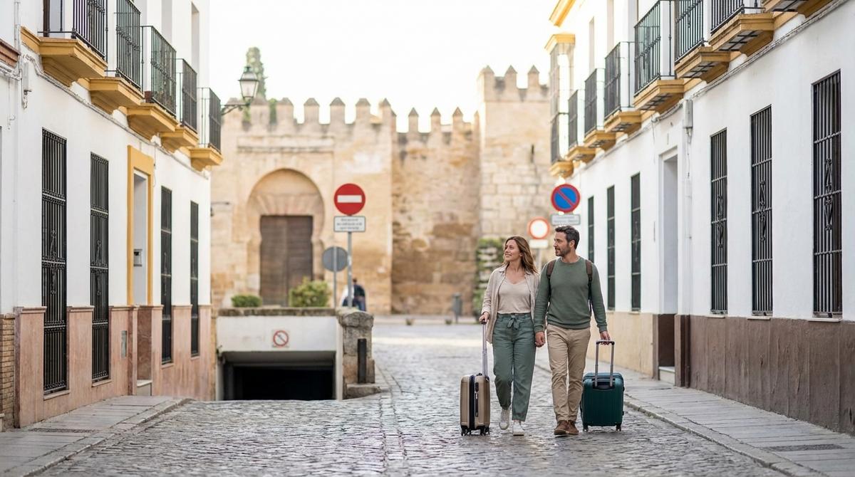 Pareja caminando con maletas desde un parking hacia el casco histórico de Córdoba por una calle empedrada