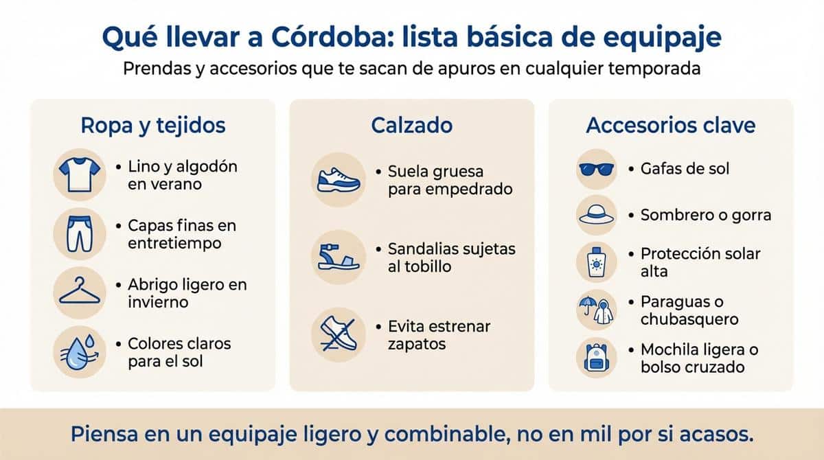 Viajera con mochila y maleta ligera caminando por una calle empedrada del casco histórico de Córdoba.