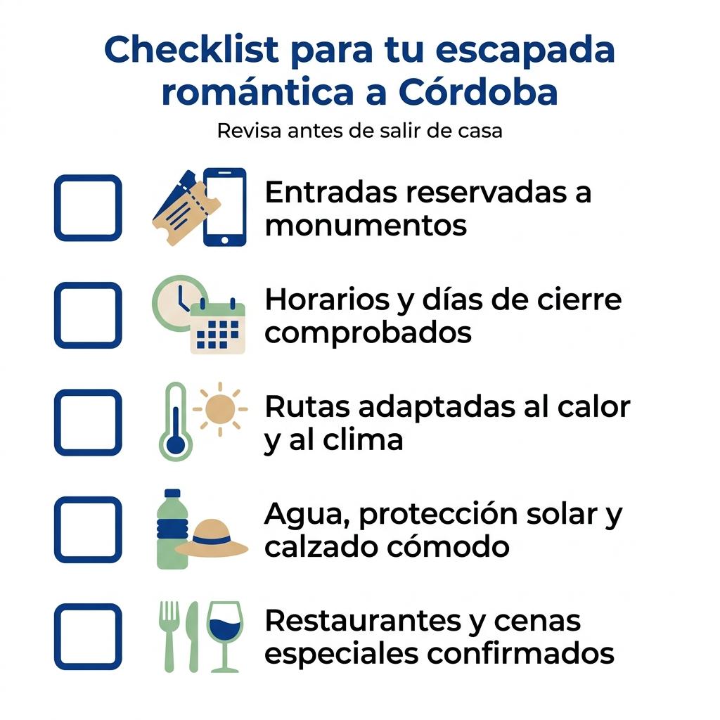 Checklist visual con consejos prácticos para preparar una escapada romántica a Córdoba.