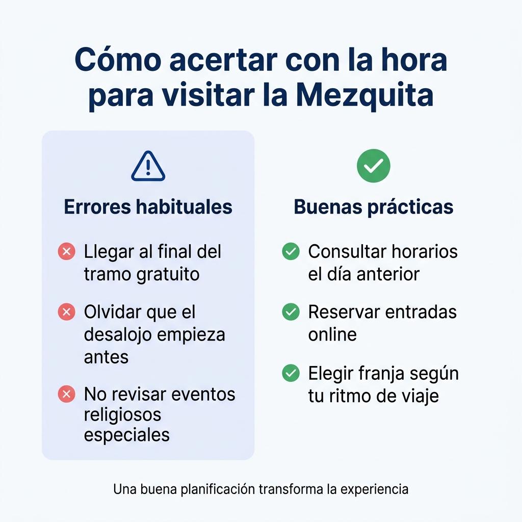 Checklist visual con errores comunes y recomendaciones para elegir la hora de visita a la Mezquita de Córdoba