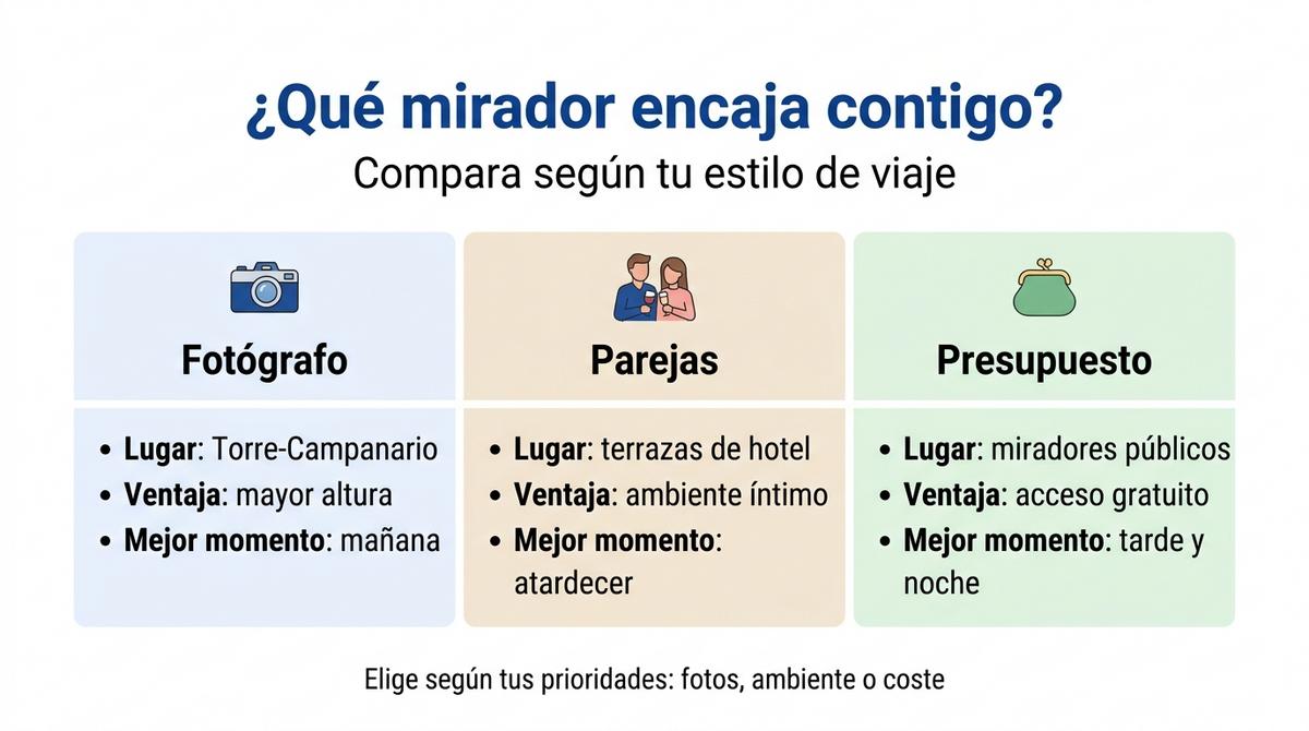 Diagrama comparativo de tipos de miradores en Córdoba según perfil de viajero.