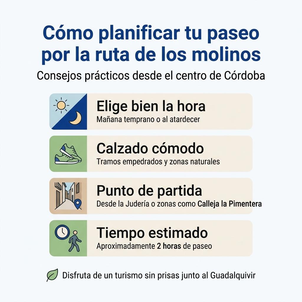 Diagrama con consejos básicos para organizar un paseo a pie por la ruta de los molinos del Guadalquivir en Córdoba