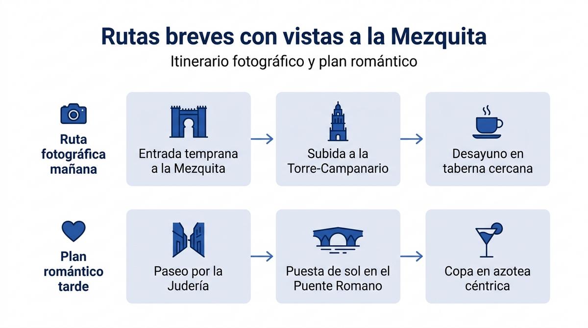 Diagrama con dos rutas breves para disfrutar de vistas a la Mezquita de Córdoba por la mañana y al atardecer.