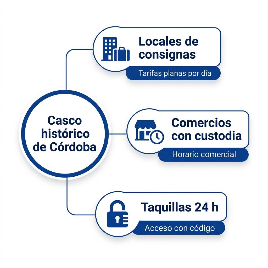 Diagrama con las opciones de consignas y custodia de equipaje en el casco histórico de Córdoba.