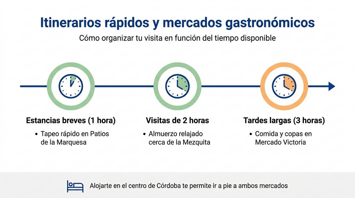 Diagrama con línea de tiempo que relaciona la duración del itinerario con la visita a los mercados gastronómicos de Córdoba