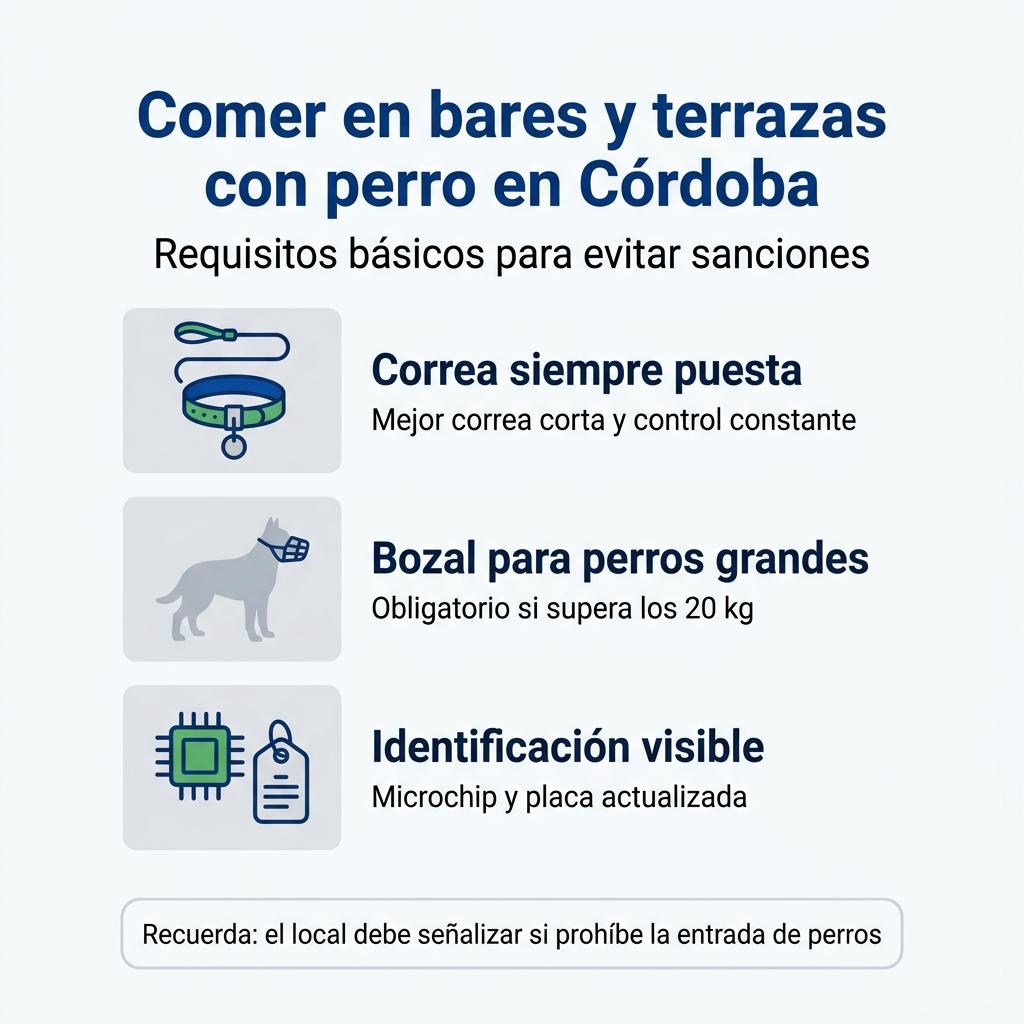 Diagrama con los requisitos básicos para acudir con perro a bares y terrazas en Córdoba.