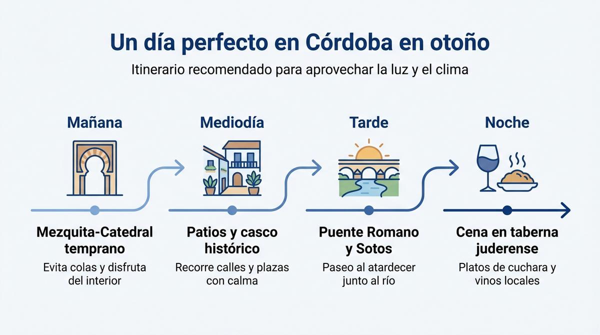 Diagrama con un itinerario de un día en Córdoba en otoño desde la mañana hasta la noche