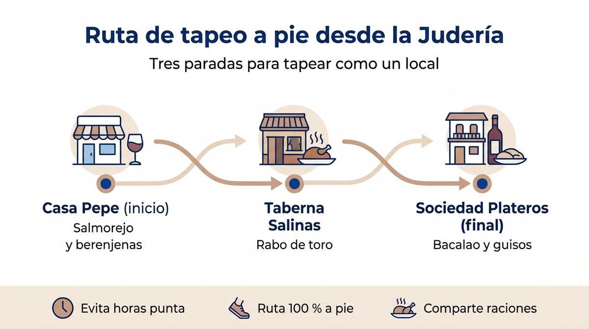 Diagrama con una ruta de tapeo a pie desde la Judería de Córdoba con tres paradas recomendadas.