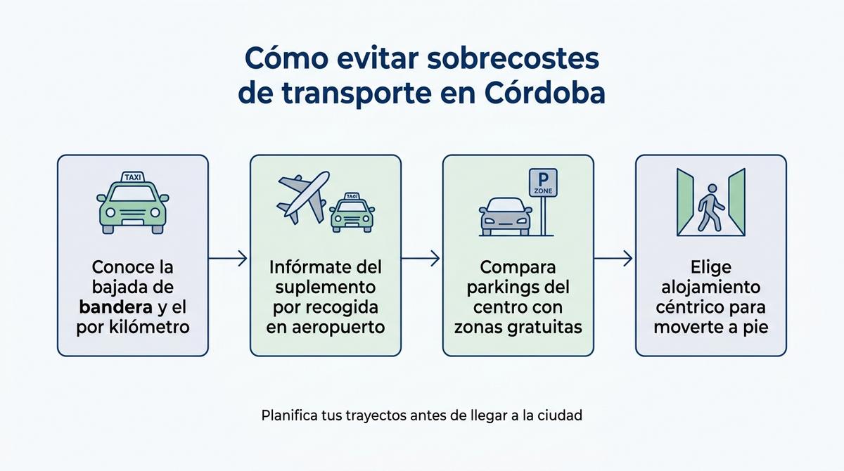 Diagrama de flujo con pasos para evitar sobrecostes de transporte y aparcamiento durante una visita a Córdoba.