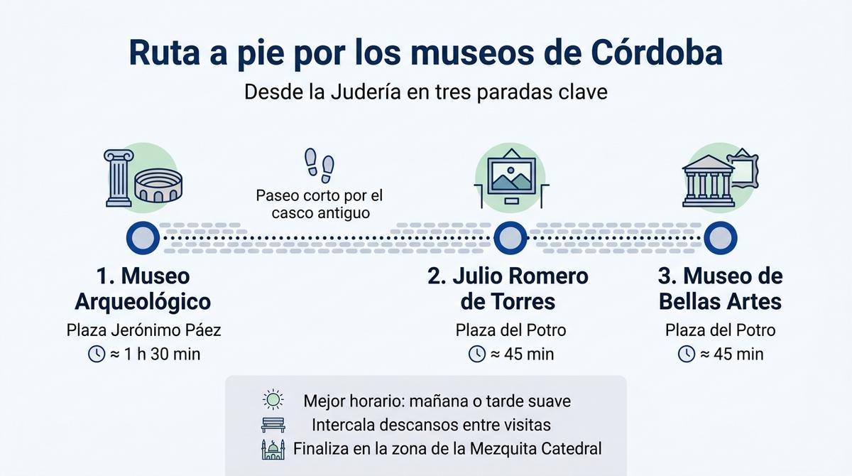 Diagrama de una ruta a pie que conecta los principales museos de Córdoba desde la Judería