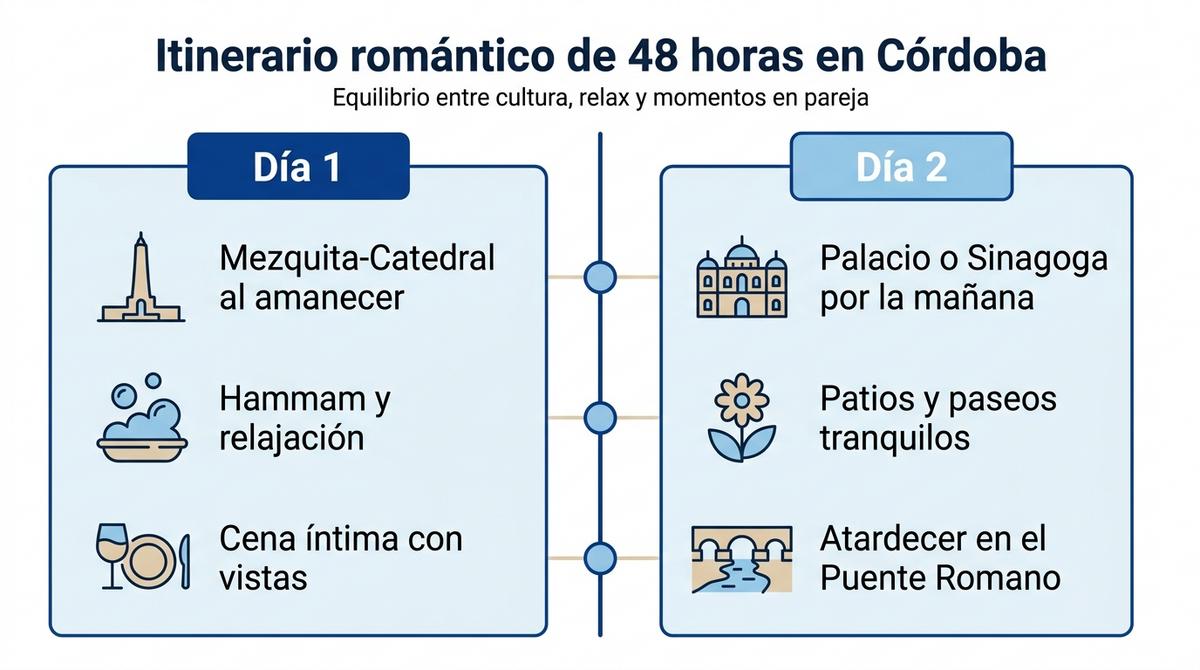 Diagrama del itinerario romántico de 48 horas en Córdoba con actividades para el día uno y el día dos.