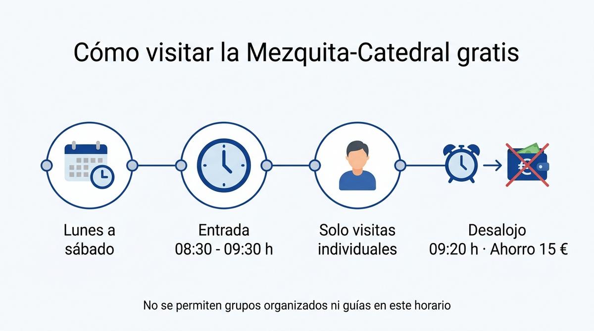 Diagrama en forma de línea de tiempo con los pasos para visitar gratis la Mezquita-Catedral de Córdoba.