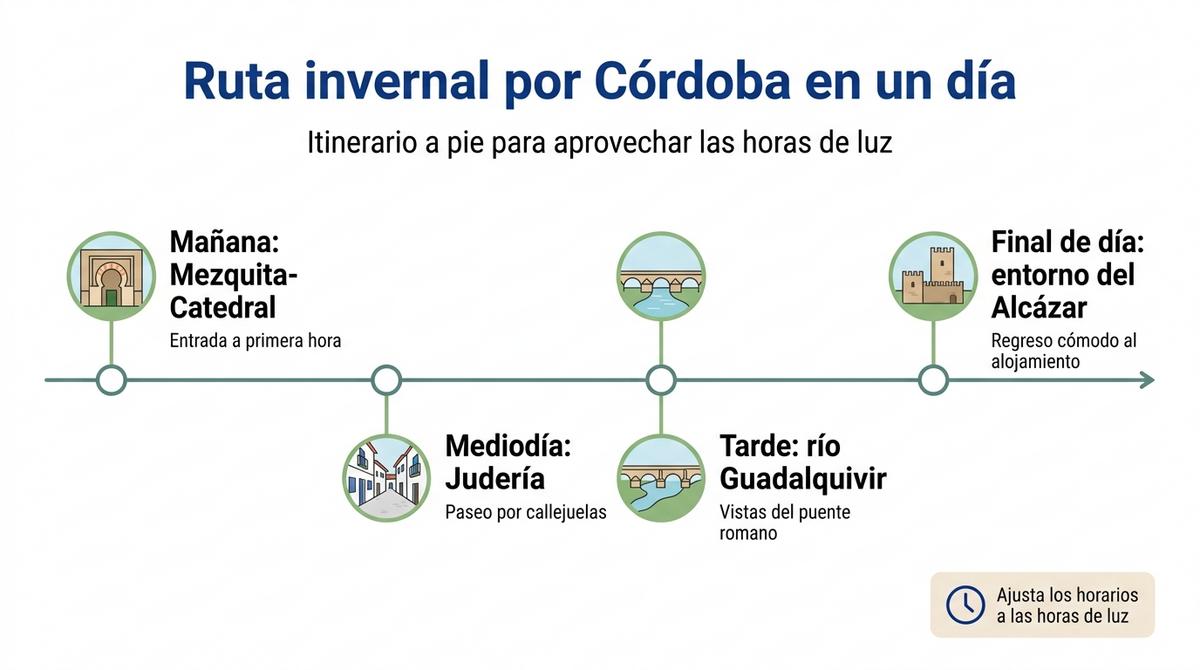 Diagrama en forma de ruta que muestra un itinerario invernal a pie por Córdoba en un día.