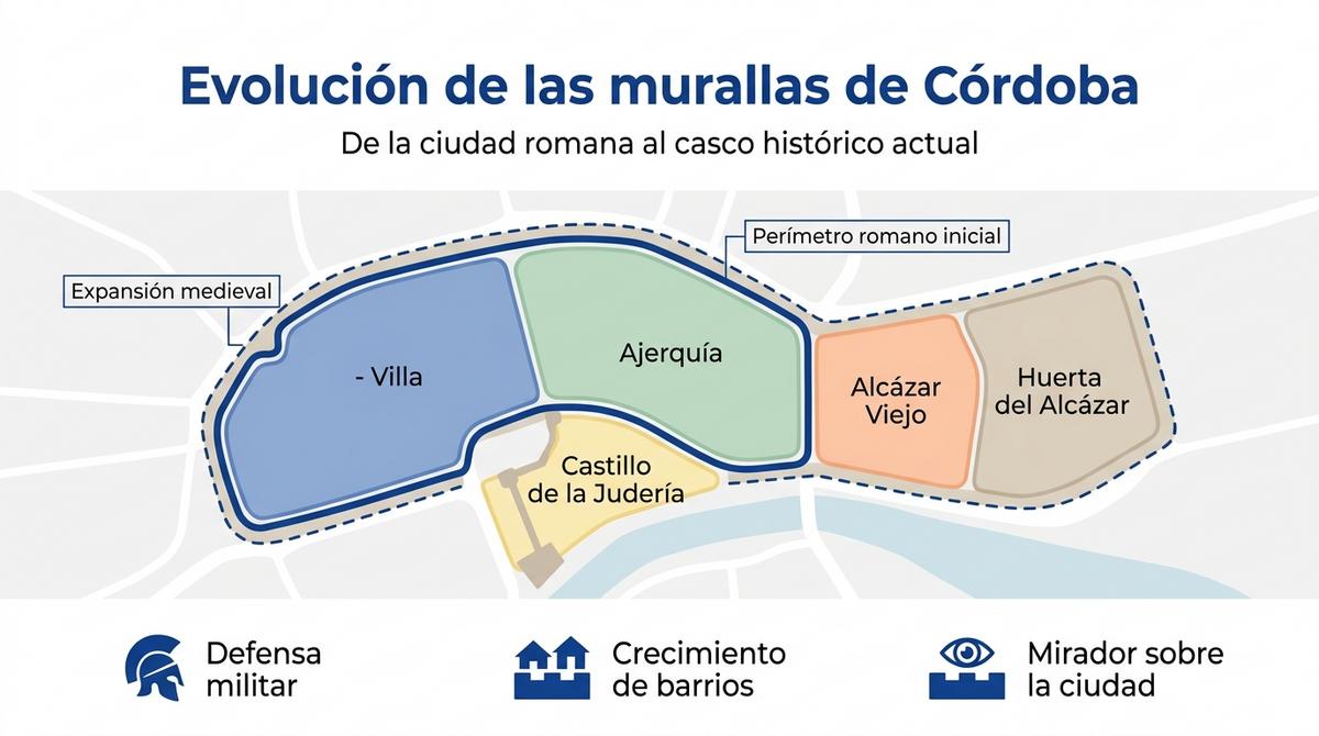 Diagrama esquemático que muestra la evolución de las murallas de Córdoba y sus principales recintos históricos.