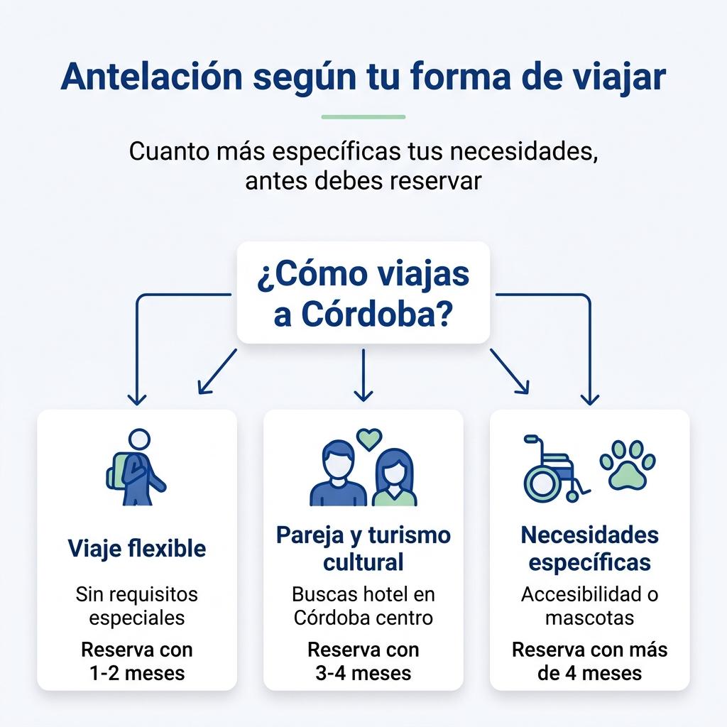 Diagrama que muestra la antelación recomendada para reservar alojamiento en Córdoba según el tipo de viajero y sus necesidades.