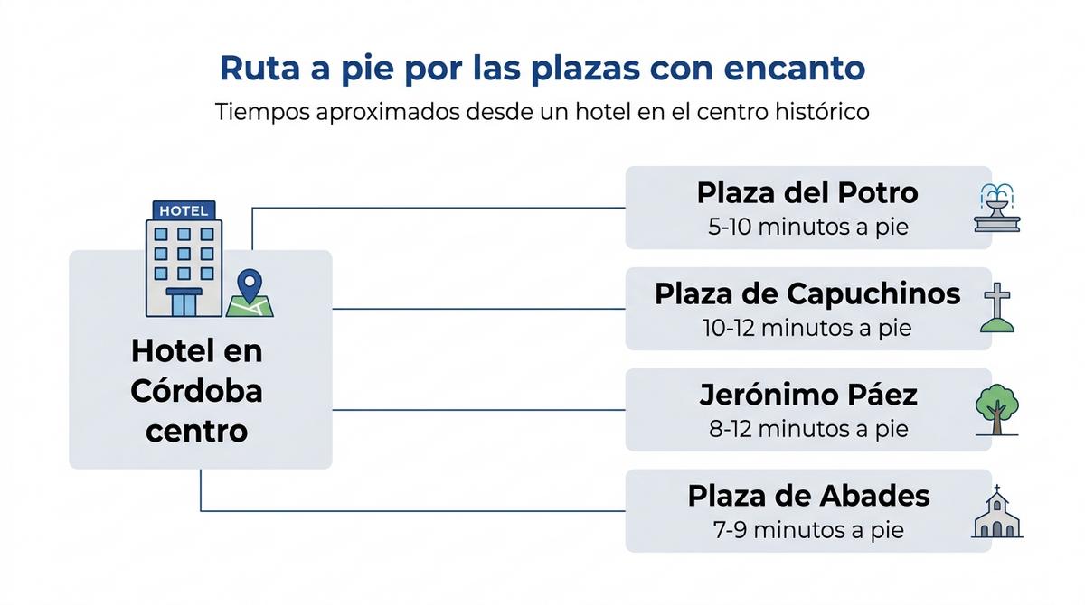 Diagrama que muestra los tiempos aproximados a pie desde un hotel céntrico de Córdoba hasta cuatro plazas con encanto.