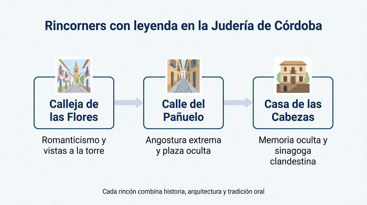 Diagrama que muestra tres rincones con leyenda en la Judería de Córdoba: Calleja de las Flores, calle del Pañuelo y Casa de las Cabezas.