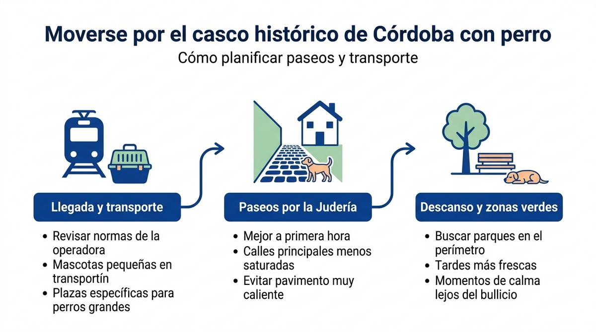 Diagrama que resume cómo llegar, pasear y descansar con perro en el casco histórico de Córdoba.