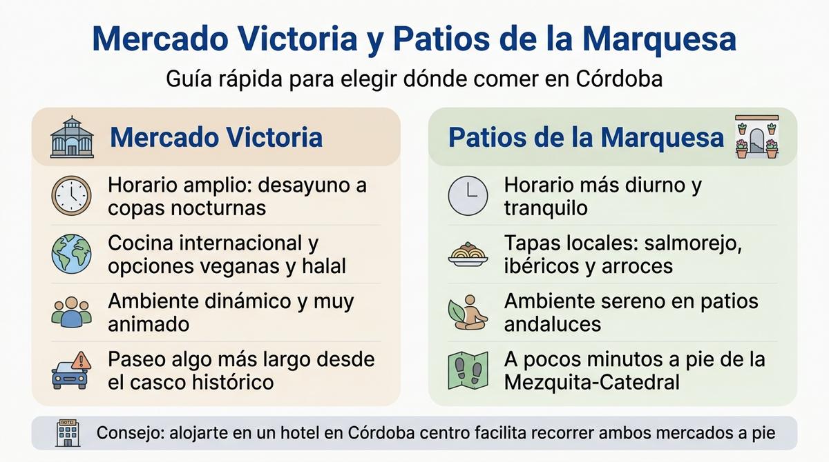 Infografía comparativa de características clave de Mercado Victoria y Patios de la Marquesa en Córdoba