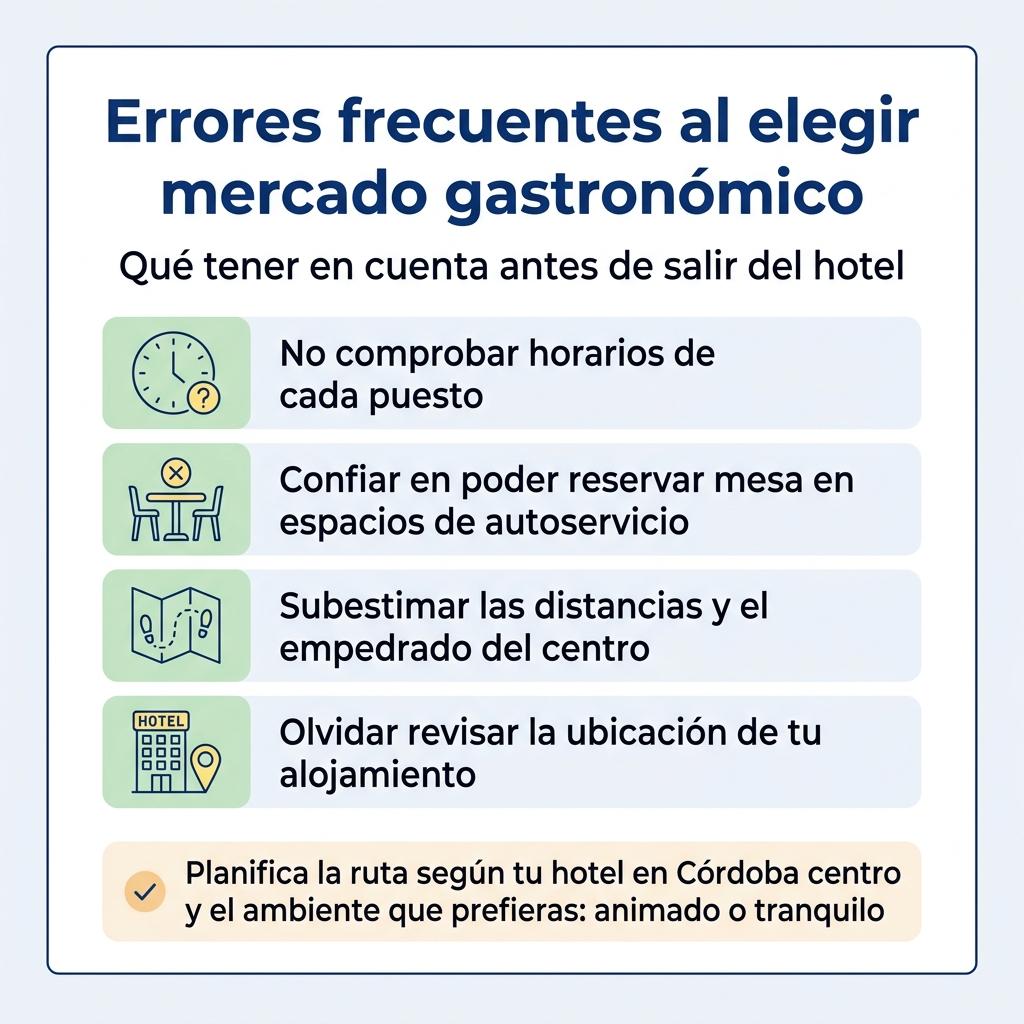 Infografía con checklist de errores comunes al planificar la visita a mercados gastronómicos en Córdoba
