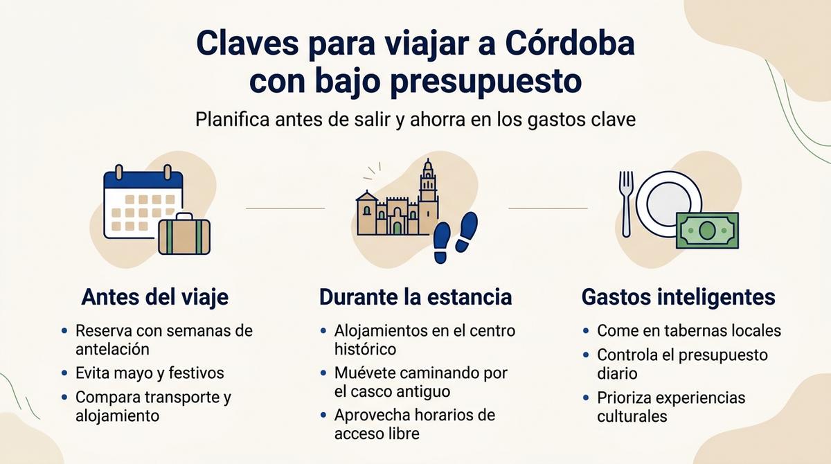 Infografía con claves para organizar un viaje económico a Córdoba.