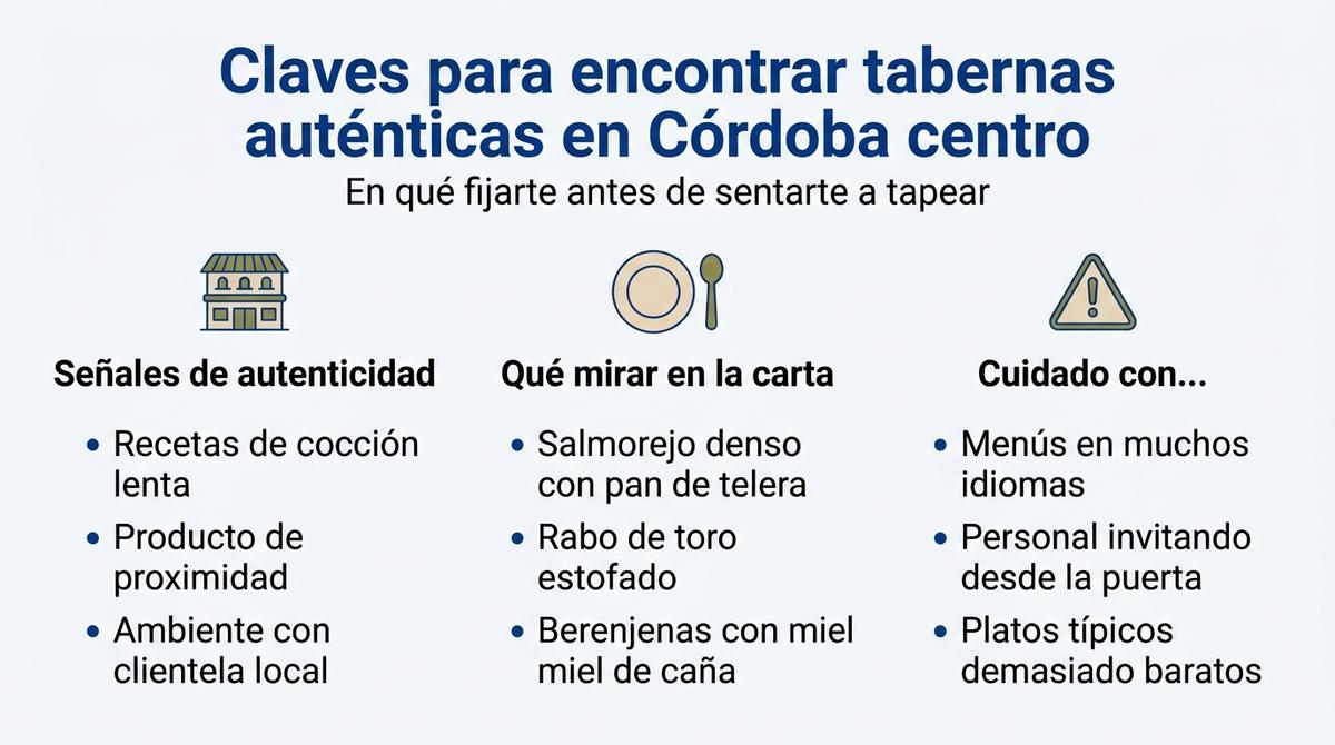 Infografía con claves para reconocer tabernas auténticas en el centro de Córdoba al ir de tapas.