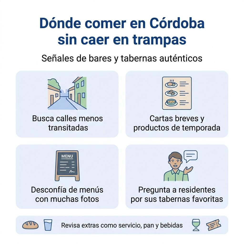 Infografía con claves visuales para elegir bares y tabernas auténticos en Córdoba evitando menús turísticos trampa.