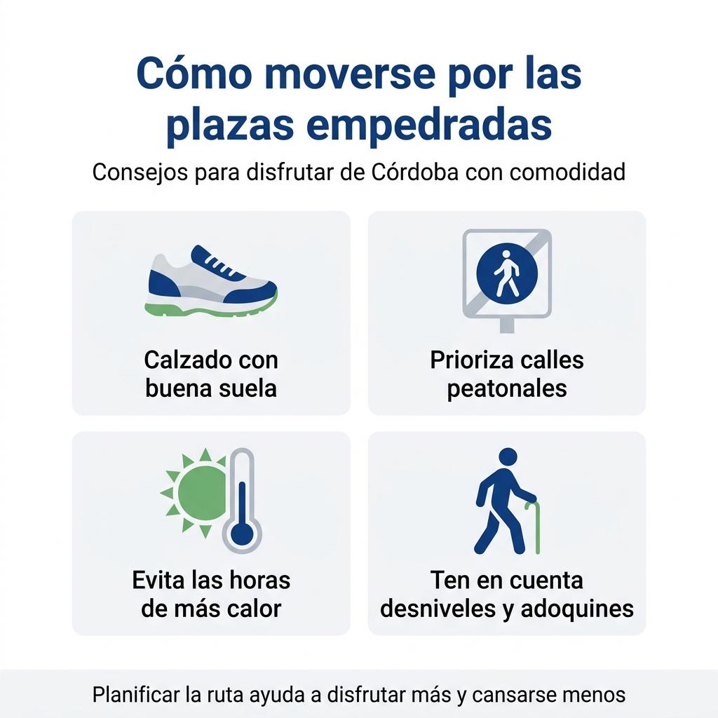 Infografía con consejos clave para caminar por las plazas empedradas del casco histórico de Córdoba con comodidad.