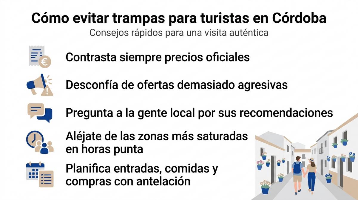 Infografía con consejos clave para evitar trampas para turistas en Córdoba mediante un checklist visual.