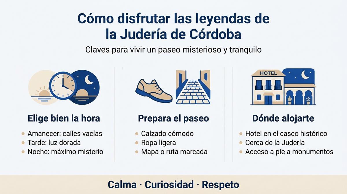 Infografía con consejos para disfrutar de las leyendas de la Judería de Córdoba en un paseo a pie.