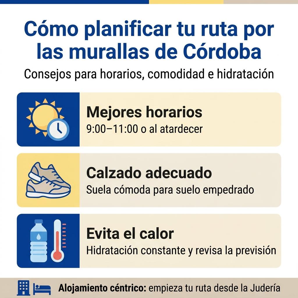 Infografía con consejos prácticos para planificar una ruta por las murallas de Córdoba evitando el calor y mejorando la comodidad.