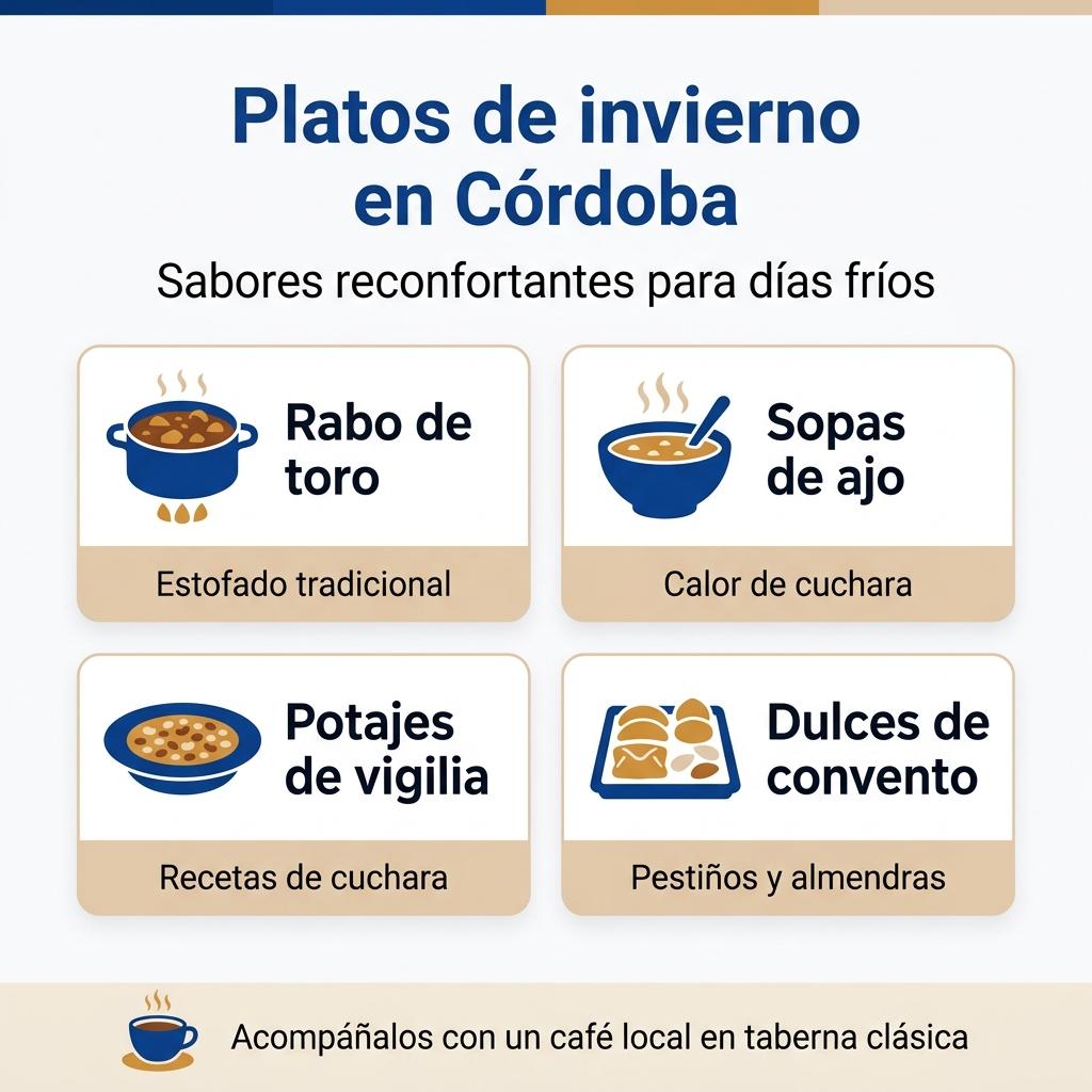 Infografía con ilustraciones de cuatro platos y dulces típicos de Córdoba para el invierno.