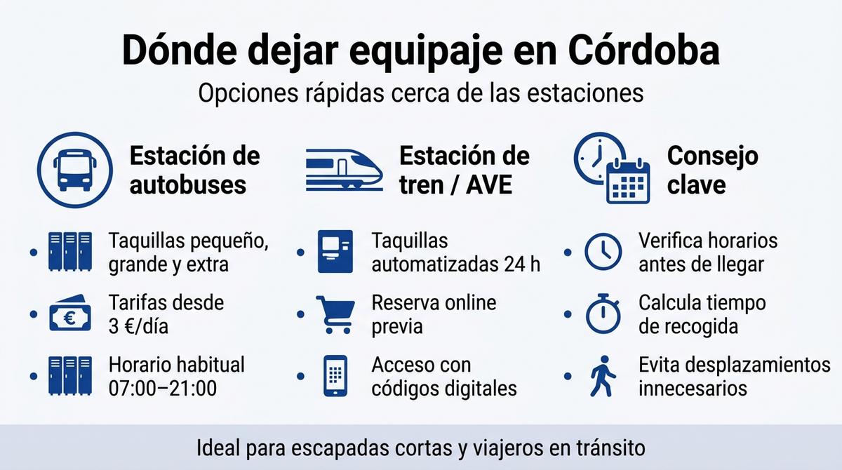 Infografía con las principales opciones para dejar equipaje en Córdoba en la estación de autobuses y de tren.