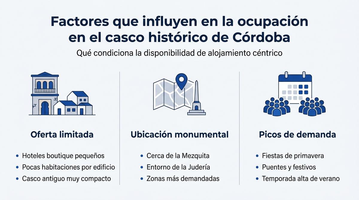 Infografía con los factores que influyen en la ocupación hotelera en el casco histórico de Córdoba.