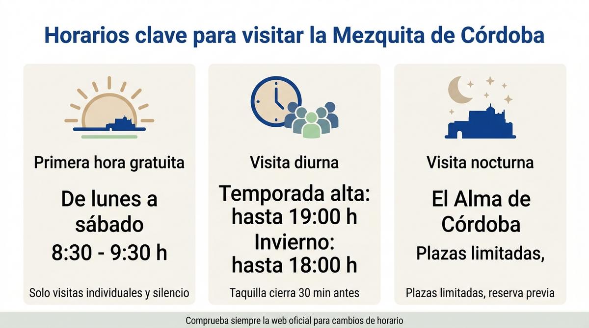 Infografía con los horarios clave y tipos de visita para entrar a la Mezquita de Córdoba