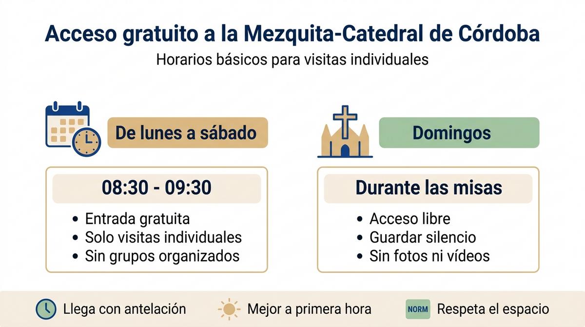 Infografía con los horarios de acceso gratuito a la Mezquita-Catedral de Córdoba y normas básicas de visita
