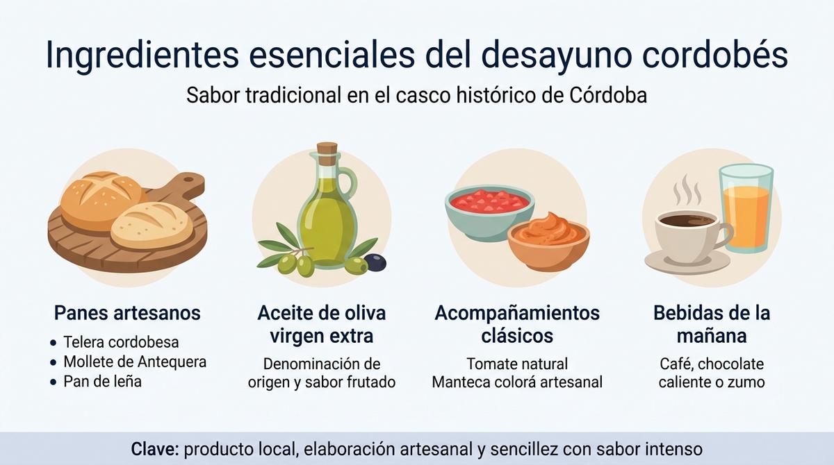 Infografía con los ingredientes esenciales del desayuno tradicional cordobés, incluyendo panes artesanos, aceite de oliva, acompañamientos y bebidas.