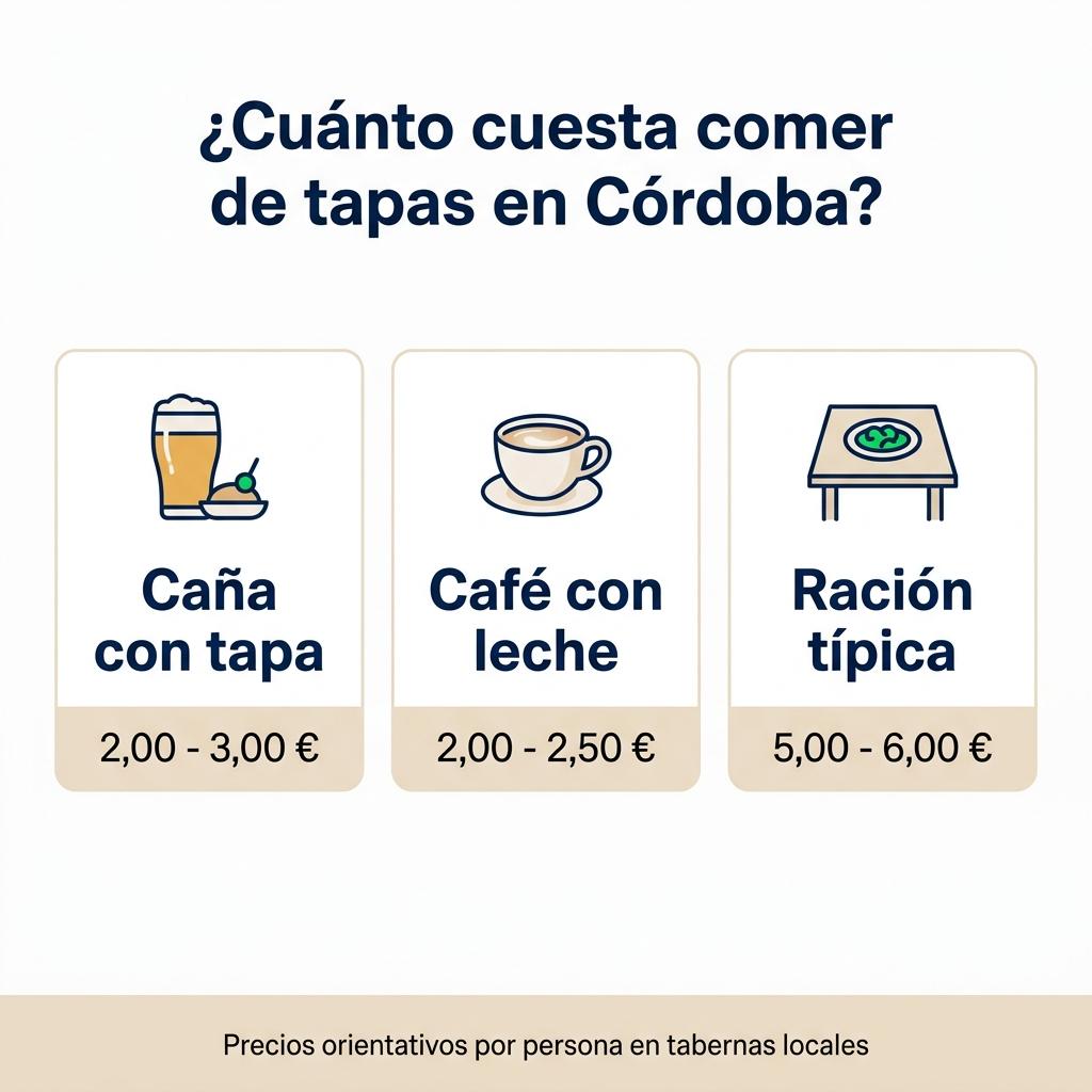 Infografía con precios orientativos de cañas, café y raciones típicas en Córdoba.