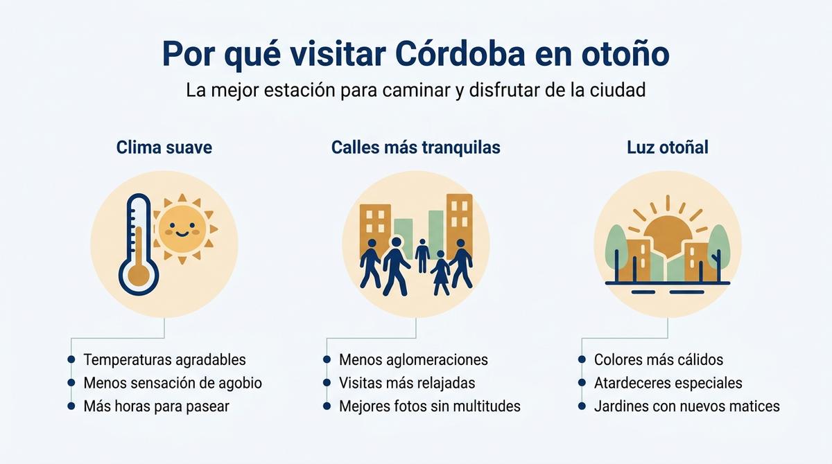 Infografía con razones para visitar Córdoba en otoño destacando clima suave, menos aglomeraciones y luz especial